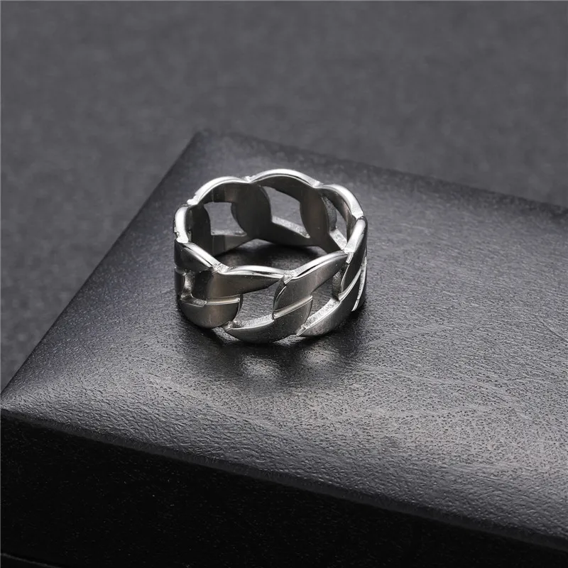 Hip Hop Cuban Link Ring Temperament 9mm Width Silver Color Stainless Steel Couple Ring For Men Women Jewelry Gifts