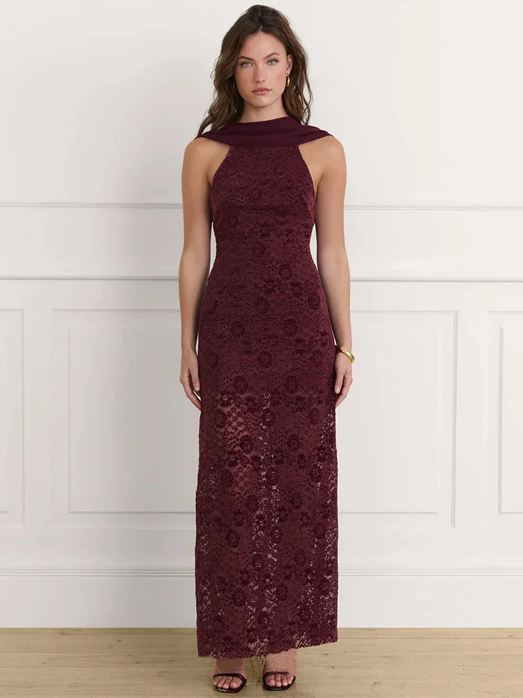 

Off-shoulder Backless Sexy Maxi Dress Women Wine Red Elegant Lace Sleeveless High Waist Bodycon Club Party Long Dress