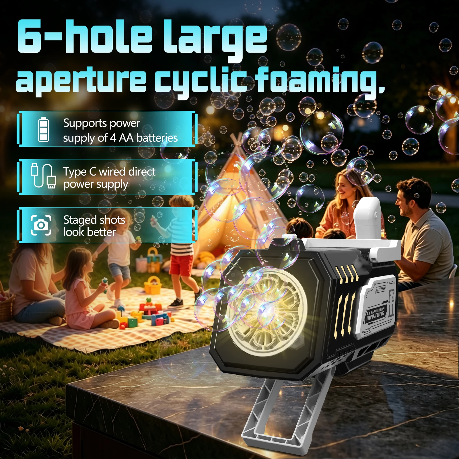 Dual-mode electric bubble machine toy; suitable for outdoors and parties; batteries and bubble solution not included.