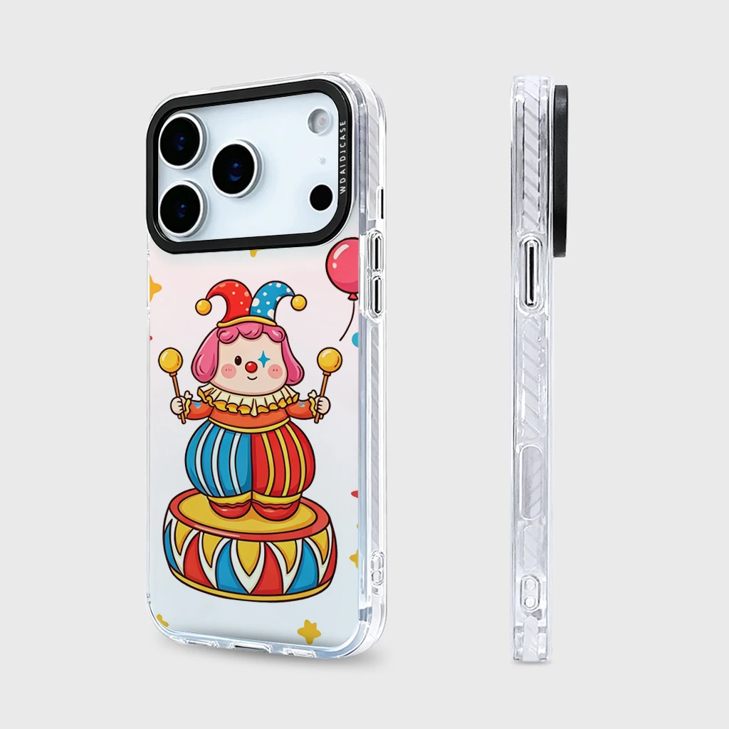 

Cute Circus Clown with Rattles Anti Yellow Shockproof Clear Phone Case for iPhone 13 14 15 16 17 Slim Fit Protective Cover