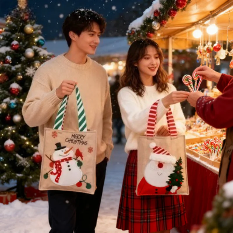 

Рождественские подарочные пакеты Санта-Снеговик с мультяшным узором, имитация льна, сумки-тоут для конфет на Рождество, Новый год, товары для вечеринок, декор