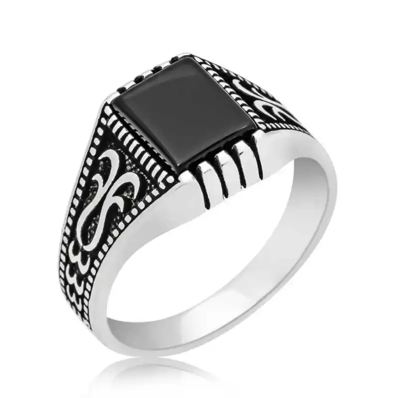 Silver Black Onix Stone Men 'S Ring