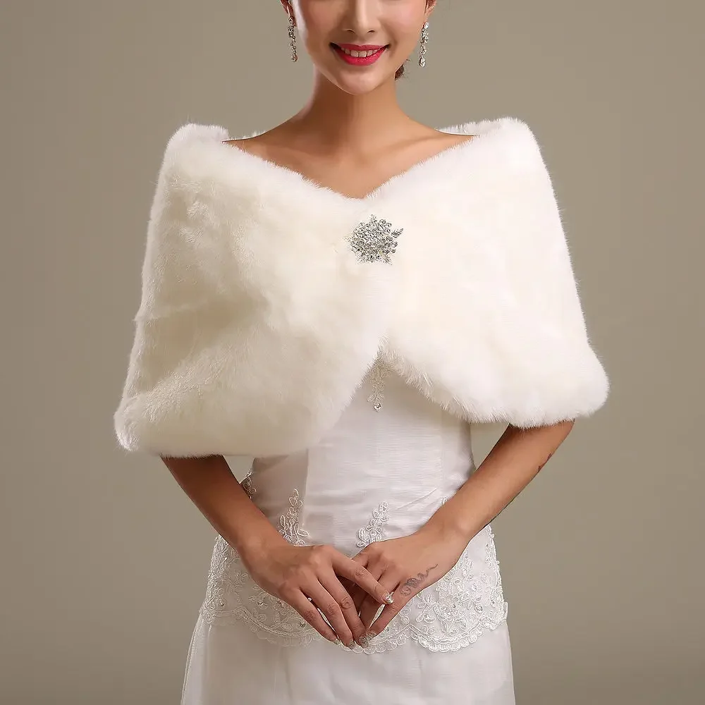 

White Ivory Faux Fur Wedding Cape Wrap Shrug Shawl Bridal Coat