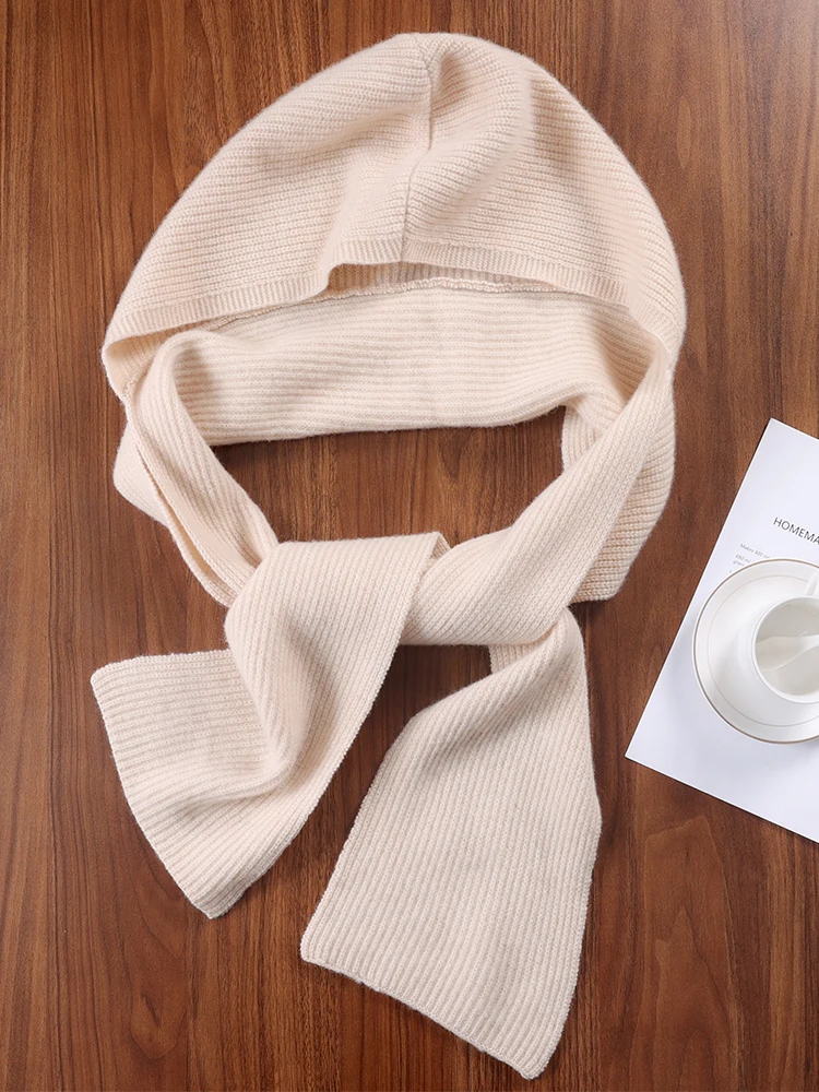 100%Wool Knitted One-Piece Hooded Scarf Shawls Women Winter Soft Warm Balaclava T-Shirt Decroration Fashion Fake Collar Girl