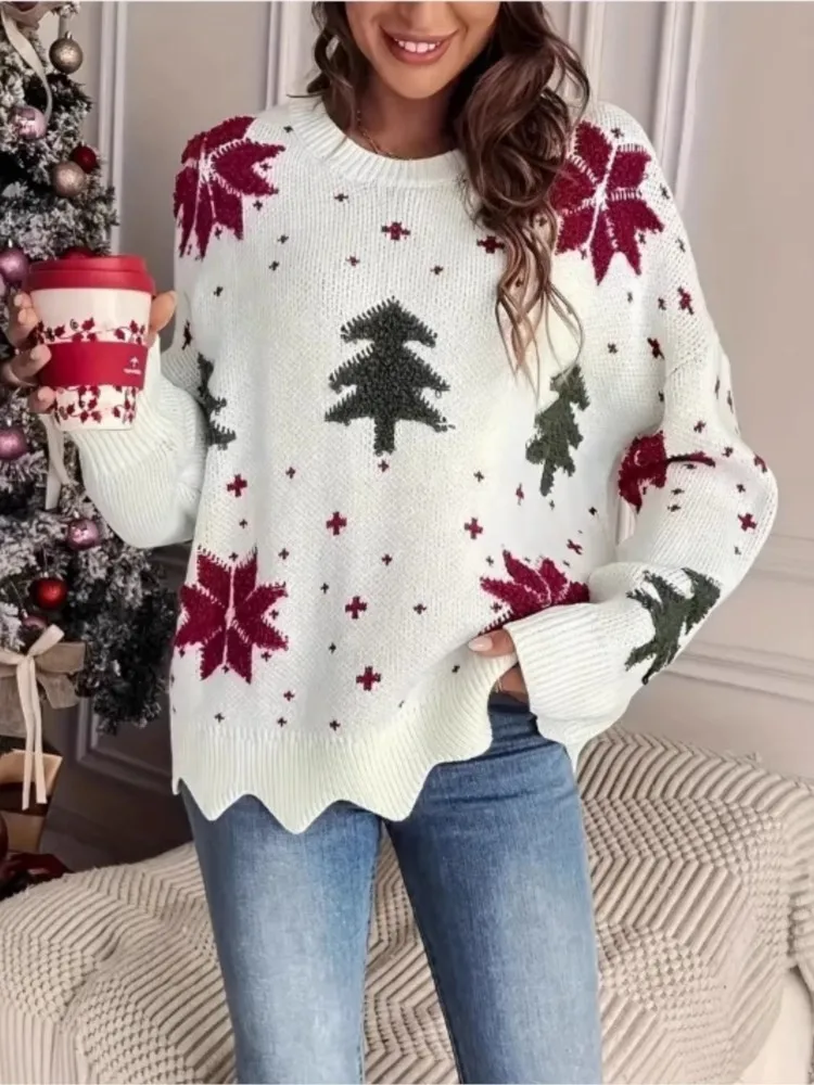 

All-match Loose Simple Style Sweaters Winter Clothes Woman Pulls Femmes Comfortable Christmas Knitted Pullover Printed Snowflake