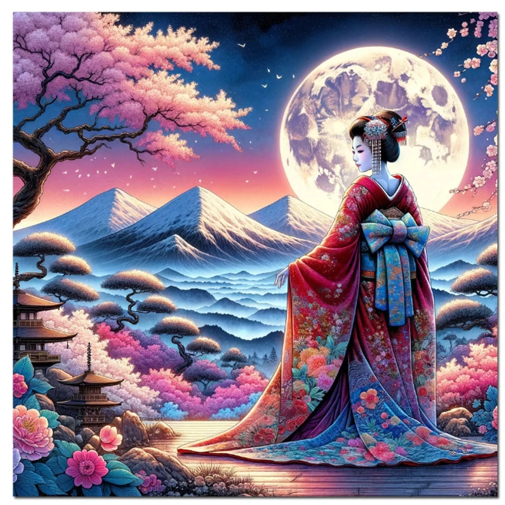 Beautiful Geisha,Landscape With Cherry Blossoms And Mountains DIY Diamond Painting Cross Stitch Kit Mosaic Diamond Embroidery