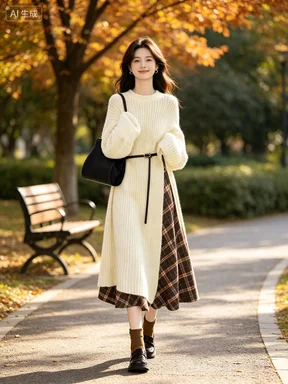 GC 2026 Autumn/Winter Retro Set Women's Korean Style Knitted Wool Skirt+High Waist Slimming Plaid Half Skirt Two Piece Set