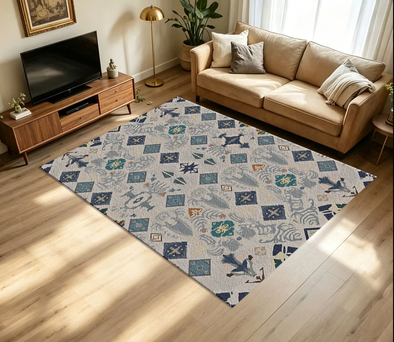 Boho Ethnic Geometric Carpet Flooring Vintage Tribal Diamond Ornament Seamless Pattern Printed Floor Rug for Household Indoor Living Room Home Decor