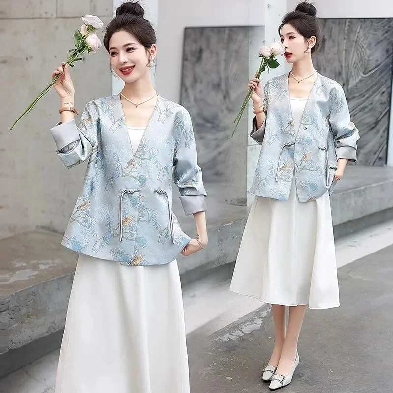 Y2K Spring Summer Short Casual Jacket 2024 New Chinoiserie V-Neck Women's Clothes Outerwear Fashion Coil Buckle Coat Female