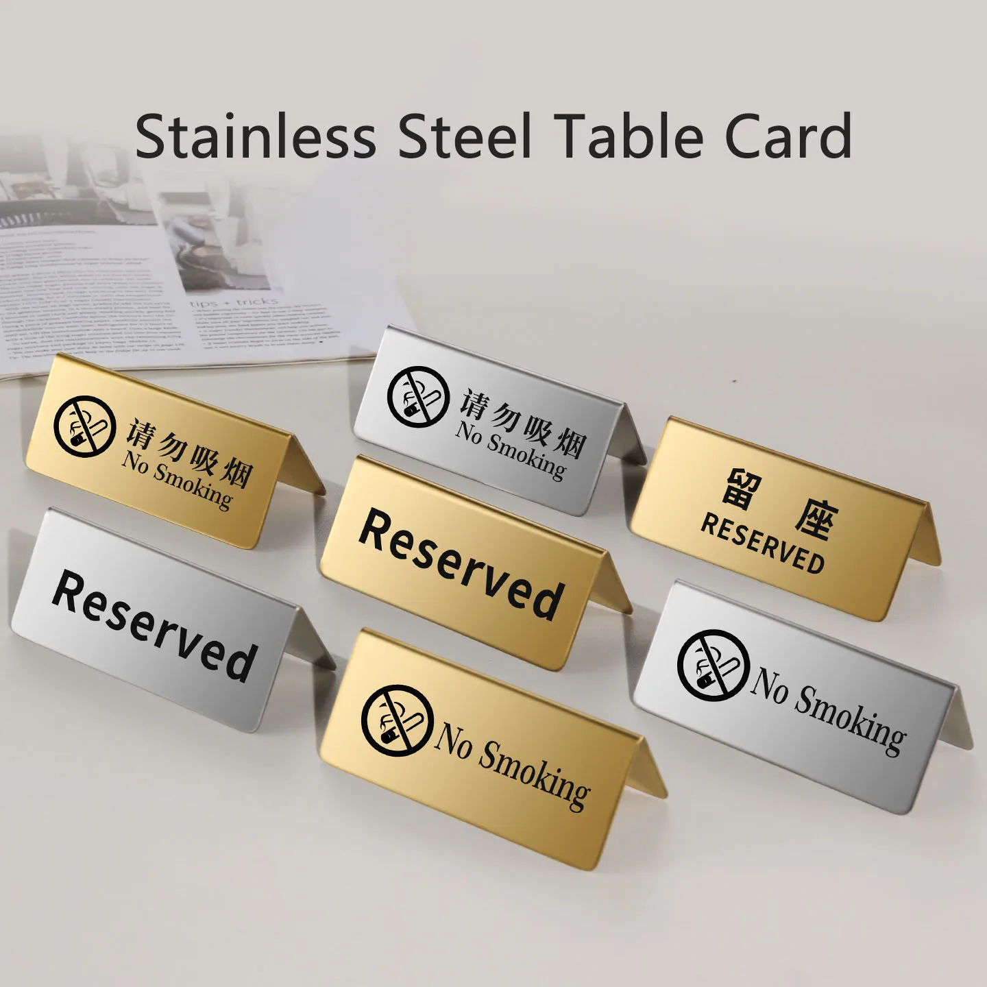 10pcs Double Sided Table Card Metal Reserved Signs Wedding Restaurant Table Stand Seating Signs Warning No Smoking Place Signs