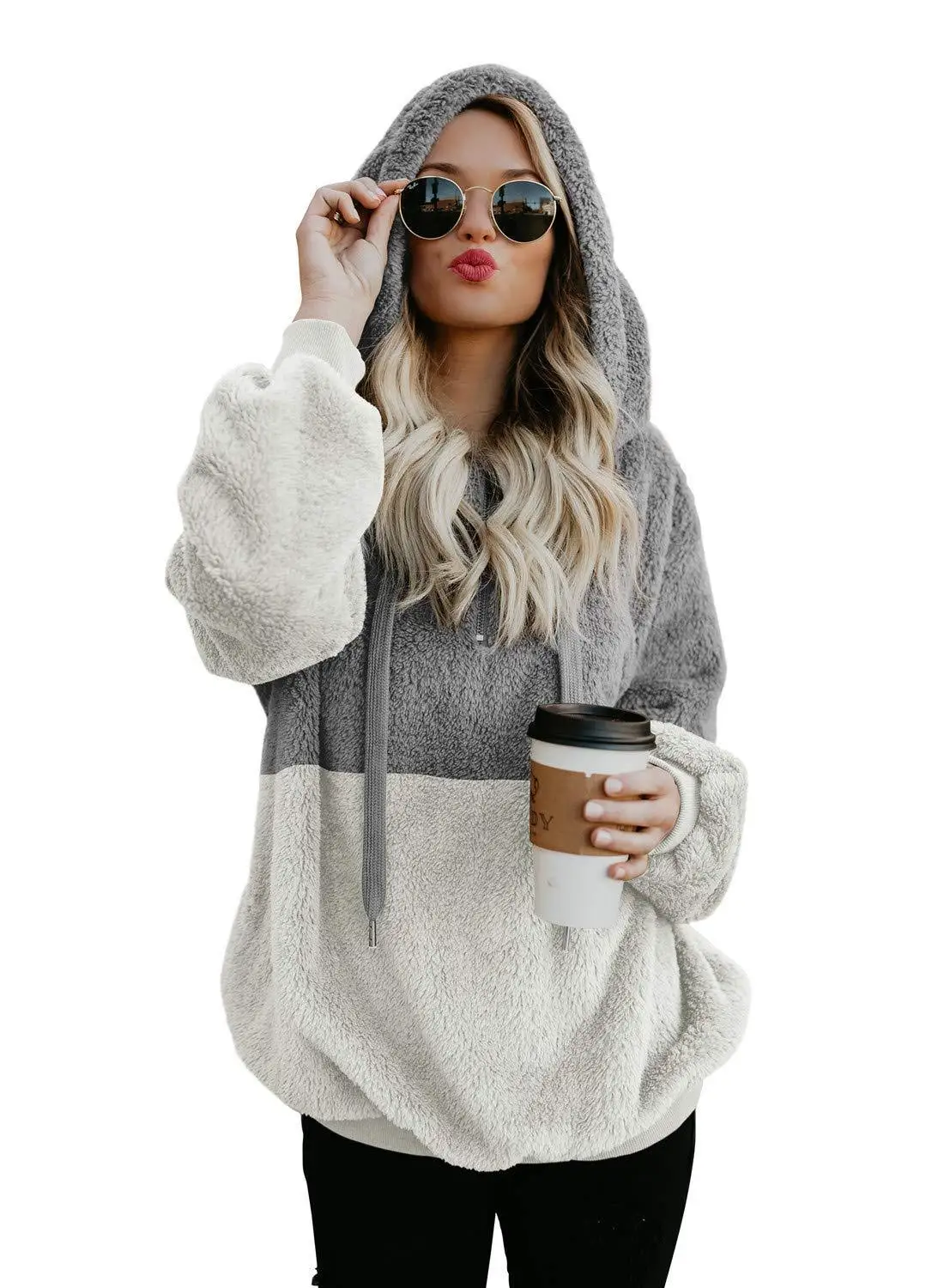 

Casual Loose Plush Leopard Patchwork Hoodies Women Zipper Tops Long Sleeve Drawstring Hooded Sweatshirt With Pockets plus new