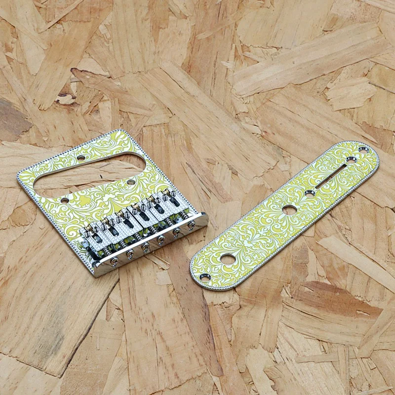 6 String Roller Saddle Bridge And Control Plate With Carving Decorative Pattern Yellow Metal For TL Electric Guitar Parts