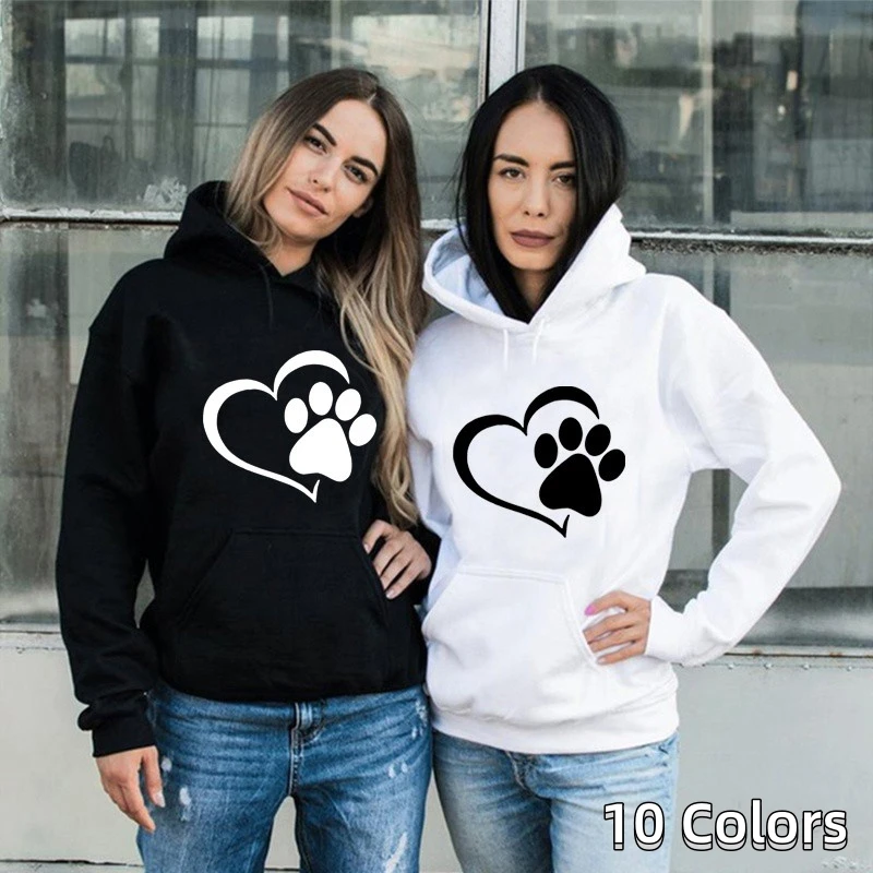 New Cute Dog Paw and Heart Shape Print Hoodies Women Casual Long Sleeve Hoodies Autumn Winter Pullovers Plus Size