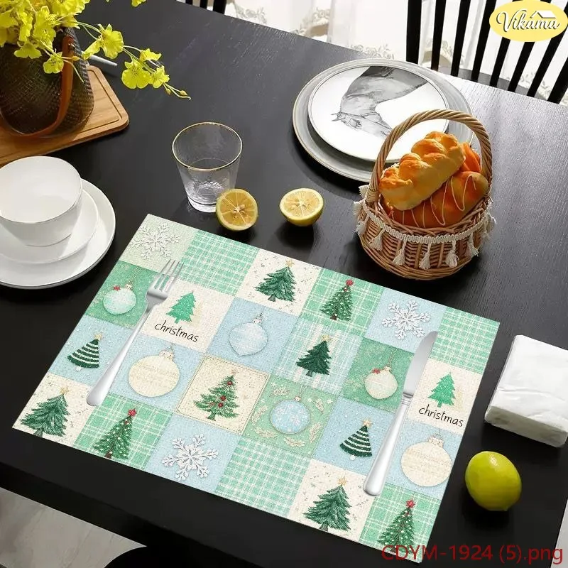 VIKAMA Christmas Placemats Watercolor Blue Green Xmas Tree Gold Star Washable Dining Mat Winter Holiday Kitchen Decor