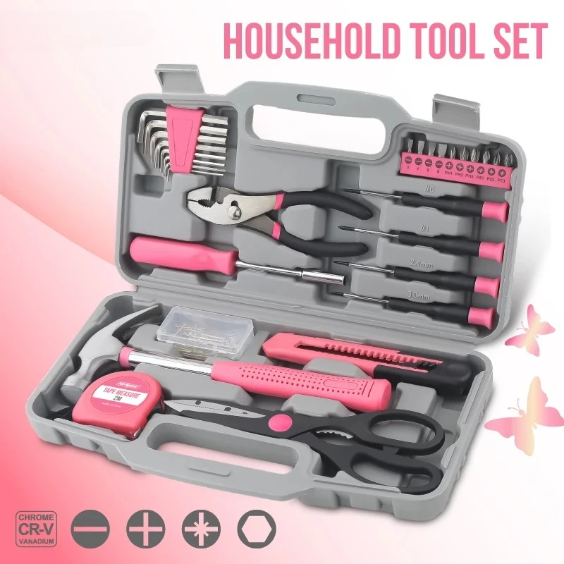 

62pc Pink/Black Home Set with Multi-Layer DIY Toolbox - Professional Household Essentials & Women's Hand Too l Kit
