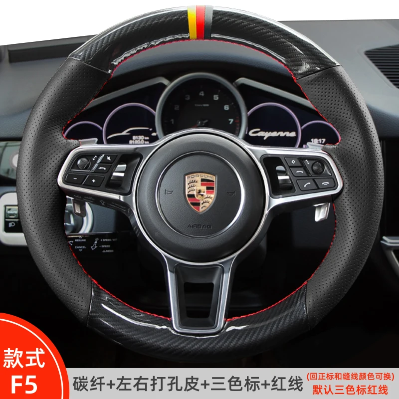 Do Porsche Taycan Cayenne Macan Panamera 718 911 ręcznie szyte antypoślizgowe skórzane osłona na kierownicę do samochodu z włókna węglowego