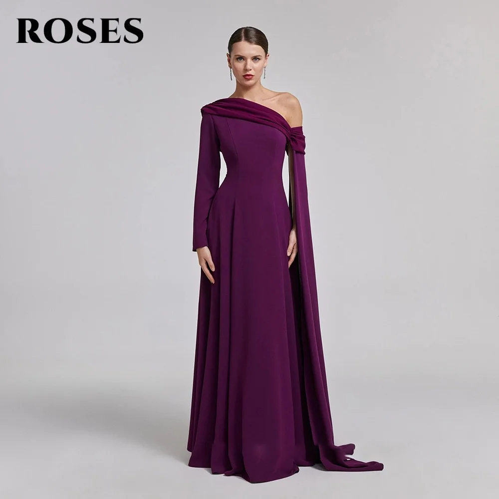 

ROSES Purple Evening Gown One Shoulder Prom Dress A-Line Satin Wedding Evening Dresses with Pleats robes de soirée Customized