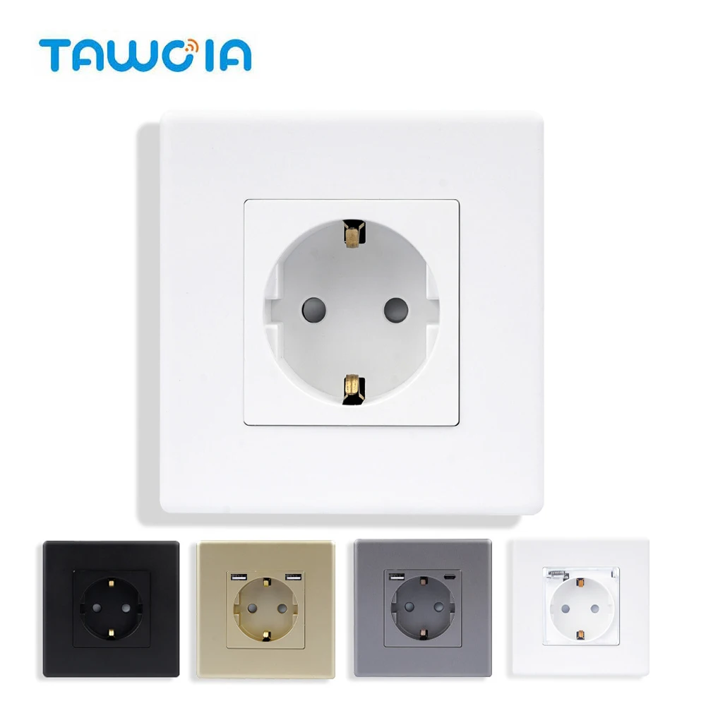 TAWOIA PC Frame EU Wall Socket Double USB Type-C Phone Charge Socket Single Electrical Power Outlet 16A 110V-240V 86mm Socket