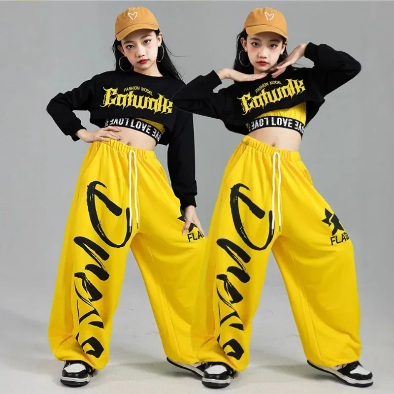 Hip hop meninas colheita topo dança de rua doce cor calças de carga crianças k-pop streetwear crianças trajes jazz menina grupo roupas conjunto