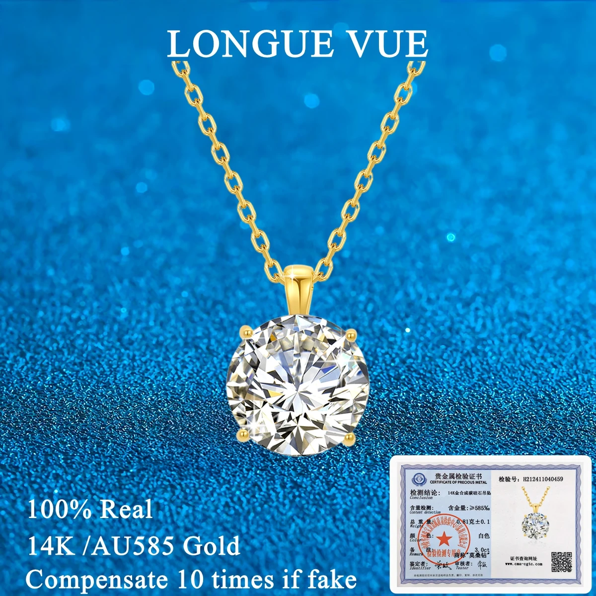 

Classical 14K Gold Pendant 1ct 2ct 3ct Round Moissanite Diamond Necklace for Women Weddings Engagements Occasions 100% Genuine