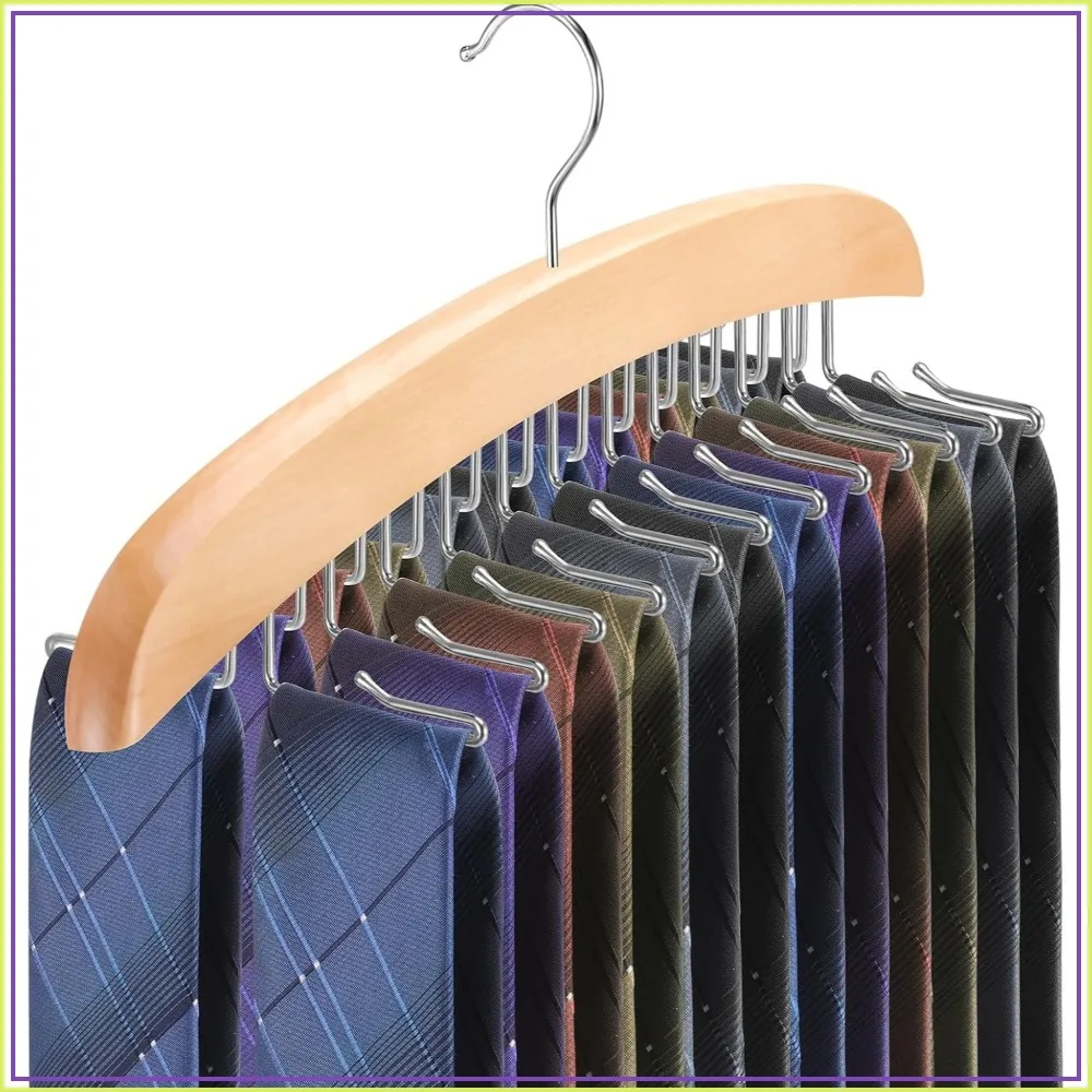 Perchero de madera para corbatas para armario, soporte giratorio de 360 grados con 24 ganchos plegables para cinturones, bufandas y camisetas sin mangas