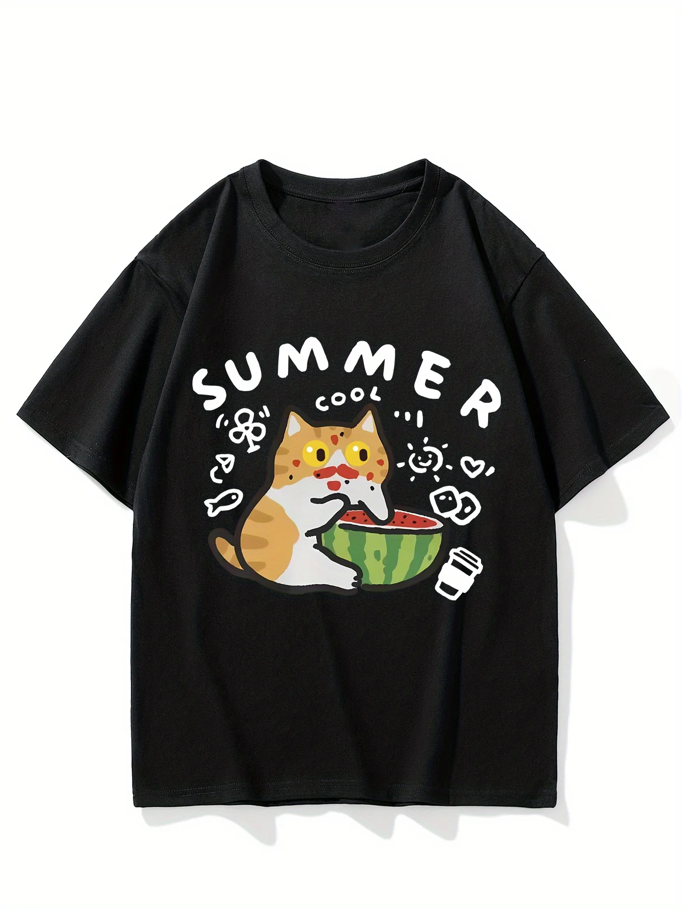 Funny Summer Cat Eating Watermelon Graphic T-Shirt Women Kawaii Kitten Print Tee Harajuku Casual Vacation Short Sleeve Tops