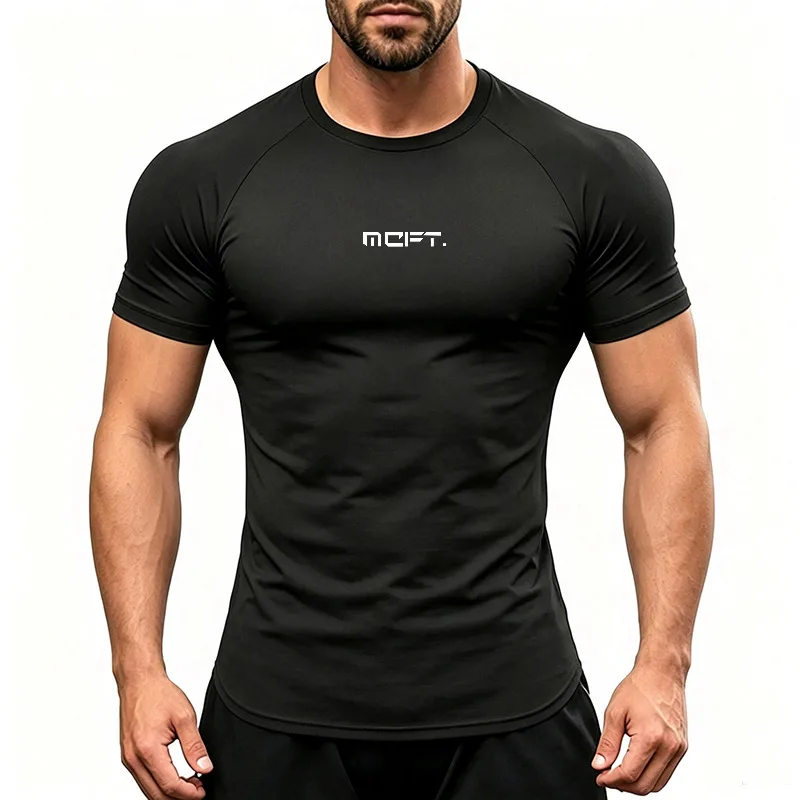 Men Short Sleeve Gym T-Shirts Quick Dry Running Workout Top Crew Neck Breathable Slim Fit Athletic Compression Outdoor Tee