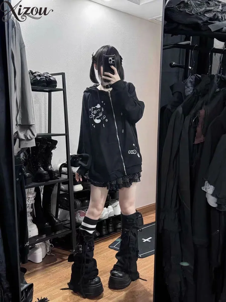 

2025 Y2K Hooded Sweater Kawaii Yabi Mine Cat Cartoon Print Loose Drawstring Women Autumn Winter Harajuku Street Gothic Zipper