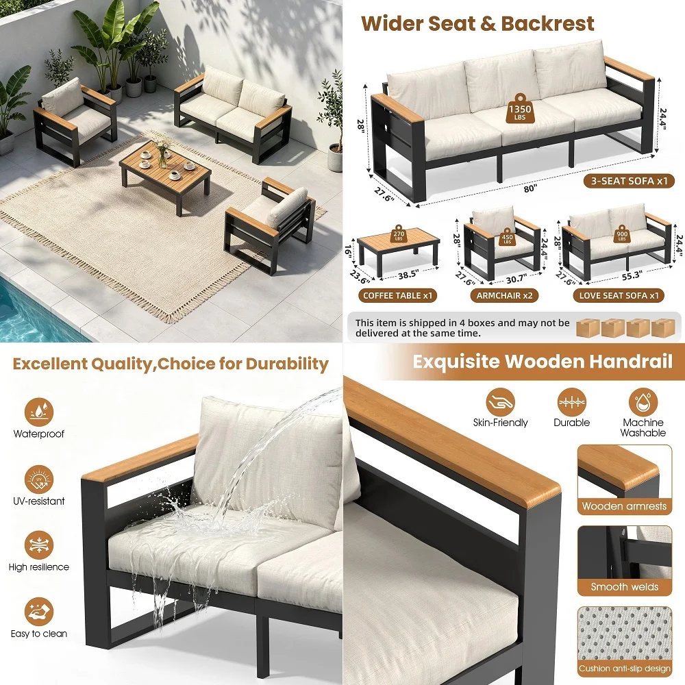 

Piece Aluminum Outdoor Patio Furniture Set, 4Seat Patio Conversation Set, Outdoor Sectional, Wide Seats, Thick WaterResistant C
