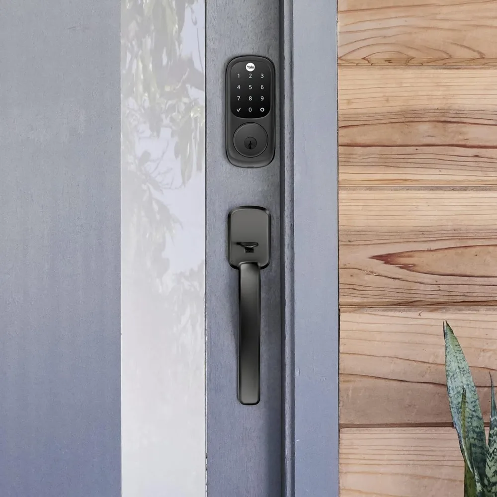 Assure Lock, Smart Lock in pelle scamosciata nera con tastiera touchscreen digitale connesso Wi-Fi per porta anteriore o posteriore con chiave di backup, YR