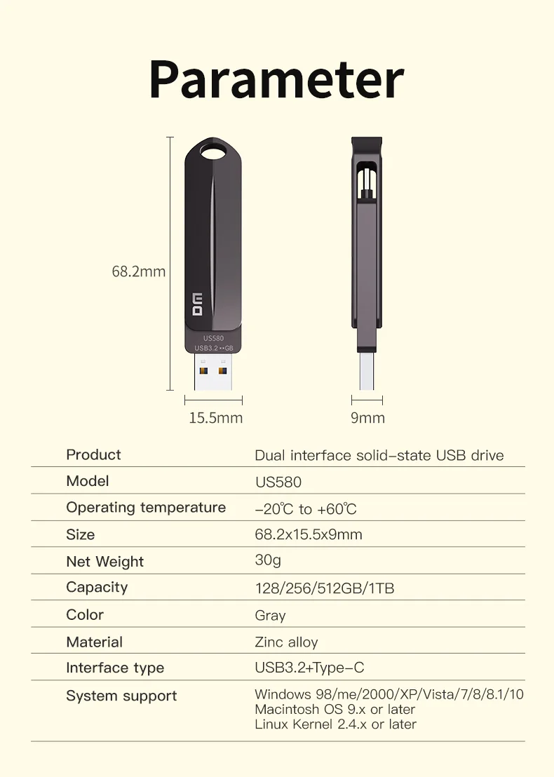 DM US580-Typ-C High-Speed-Solid-State-Flash-Laufwerk, Übertragungsgeschwindigkeit bis zu 530 MB/s – Detail 10