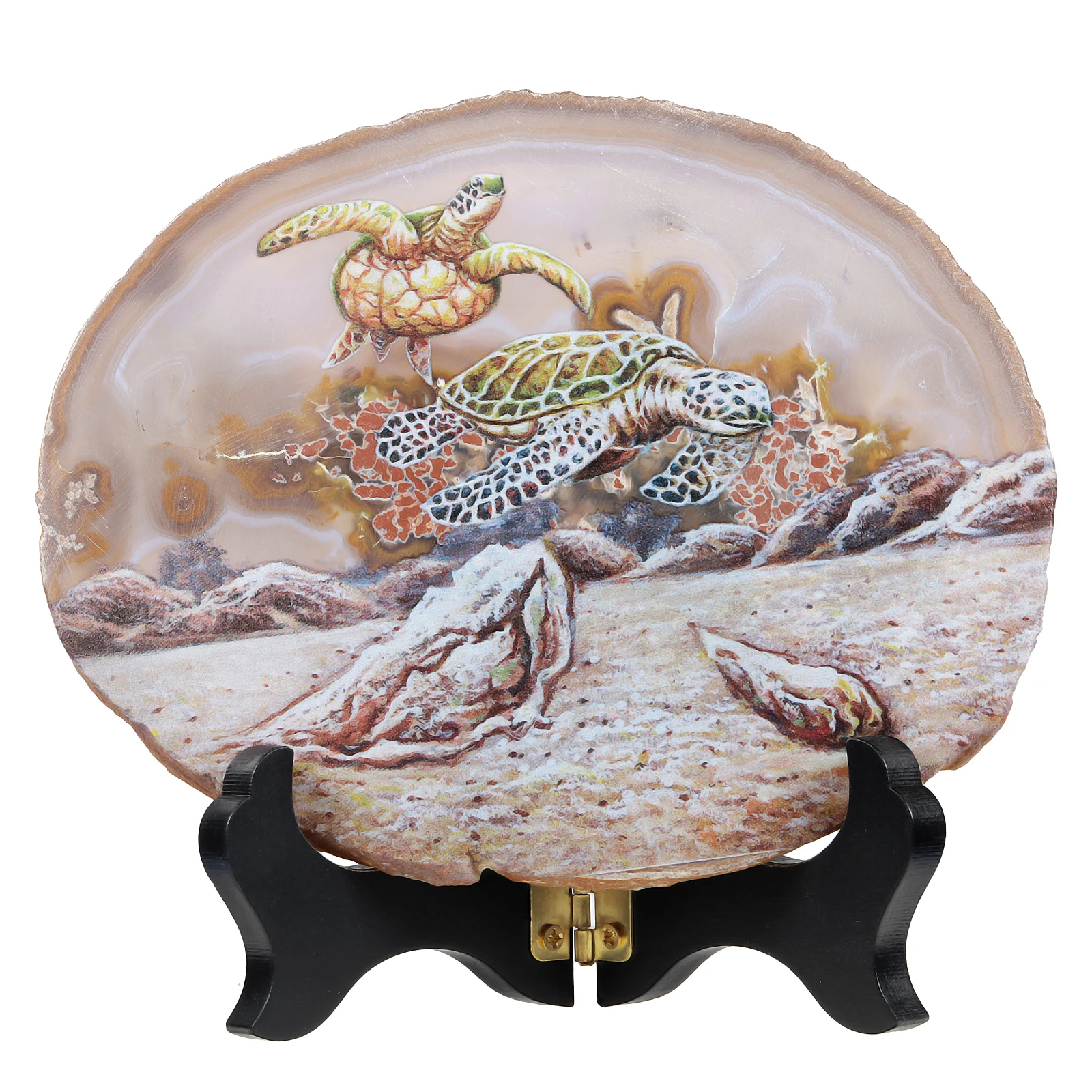 

TUMBEELLUWA Sea Turtle Agate Slab Display with Wooden Stand Irregular Shape Aagte Slice Stone Home Office Desk Ornament