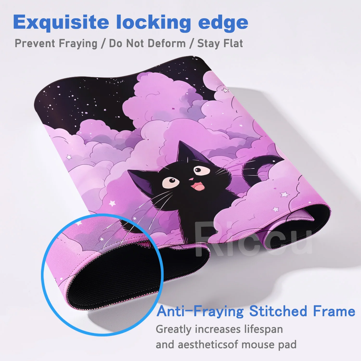 XXL Black Cat Kawaii Gamer Mouse Pad 400x900mm Locking Edge Keyboard Desk Mat Gaming Accessories Pink Cute Cloud Tapis De Souris