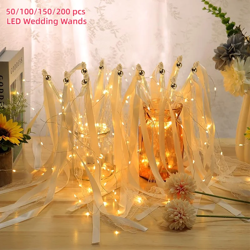 New Wedding Wands Ribbon Streamers With Bells LED Fairy Light Up Silk Fairy Wand Flashing Lace Sticks For Wedding Birthday Party