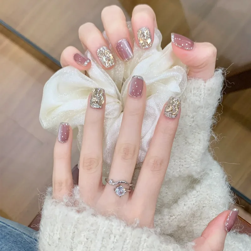 Wear Tip Advanced Sense Short Summer Cat's Eye Handmade Sticker Gradient Gold Powder Rhinestone Fake Nail Patch