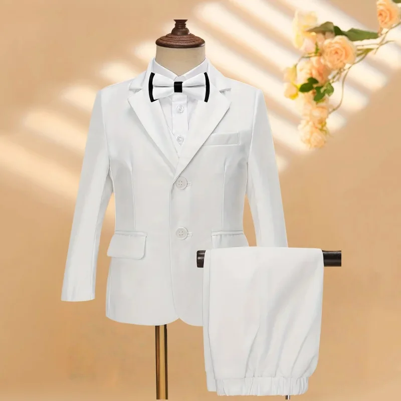 Flower Boys Formal White Wedding Suit Kids Birthday Photography Outfit Children's Host Piano Performance Costome