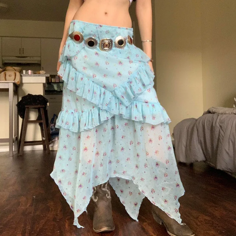 Gonna floreale in rete al mare con desiderio puro per le vacanze sexy Gonna con orlo irregolare a vita bassa con volant