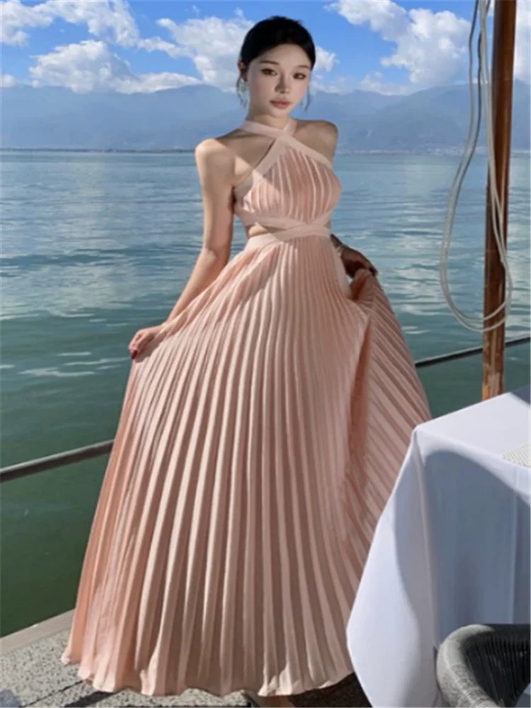 Summer Women Fashion Holiday Fairy Pink Long Dress Sexy Halter Hollow Waist Pleated A Line Dress Vacation Seaside Beach Dress