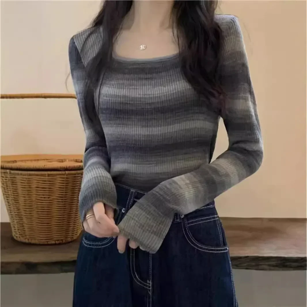 

Облегающий короткий трикотаж, женский топ с квадратным воротником и длинными рукавами, сладкий и пряный стиль, весенне-осенний дизайн, полосатый топ