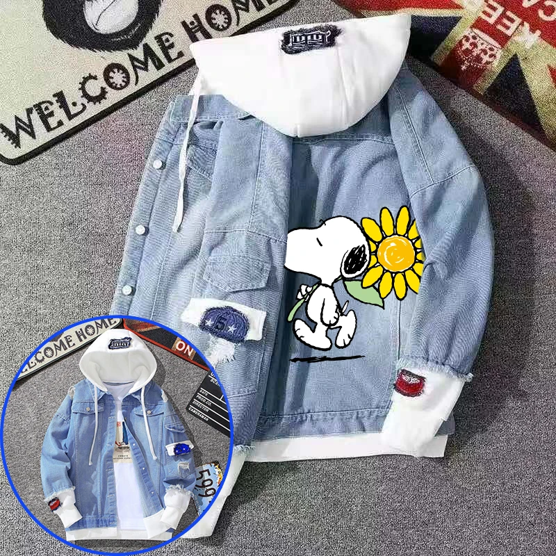 Snoopy Women Denim Jackets Drawstring Fake Two Hoodie Jacket Female Retro Jean Coat Ladies Button Hooded Sweatshirt Outerwear