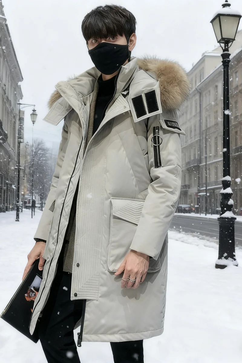 Men's Knee-Length Down Parka with Faux Fur Trim - Heavyweight Workwear Coat for Extreme Cold