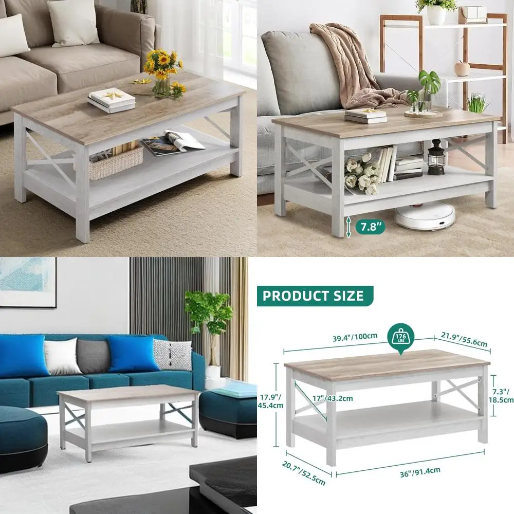 

Modern Farmhouse Style Coffee Table with Storage, 2-Tier Living Room Center Table in Wood