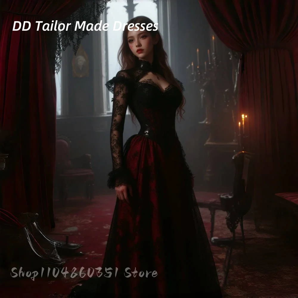 

Vampire Gothic Wedding Dress Black And Dark Red A-Line Long Sleeves Bridal Gown Corset Vintage Masquerade Dress Customized