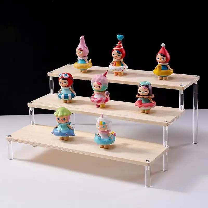 2-5 Tier Transparent Acrylic Base Solid Wood Display Stand Stepped Toys, Models, Cosmetics, Skin Care Products Display Stand