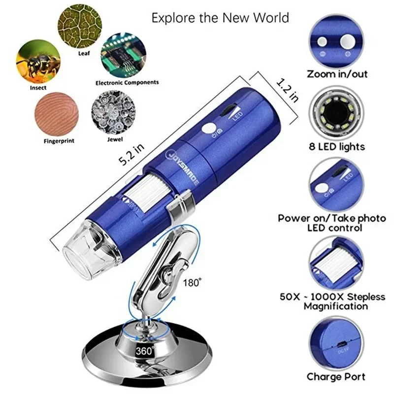 WiFi Electron Kid Microscope Prostoremer 1000X 2megapixel 1000x ingrandimento Video 8 LED Light Mini telecamera portatile endoscopio