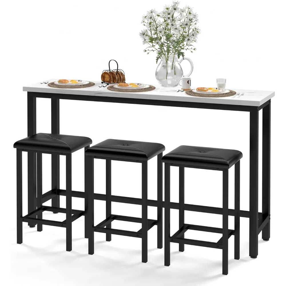 

Bar Table Set for 3, 60.2” Faux Marble Behind Couch Table Set, Modern Sofa Table with 3 Upholstered PU Stools