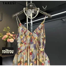 Women Vintage Floral Print V-neck Folds Backless Midi Dress 2024 Summer Elegant Sleeveless High Waist Camisole Suspender Dress