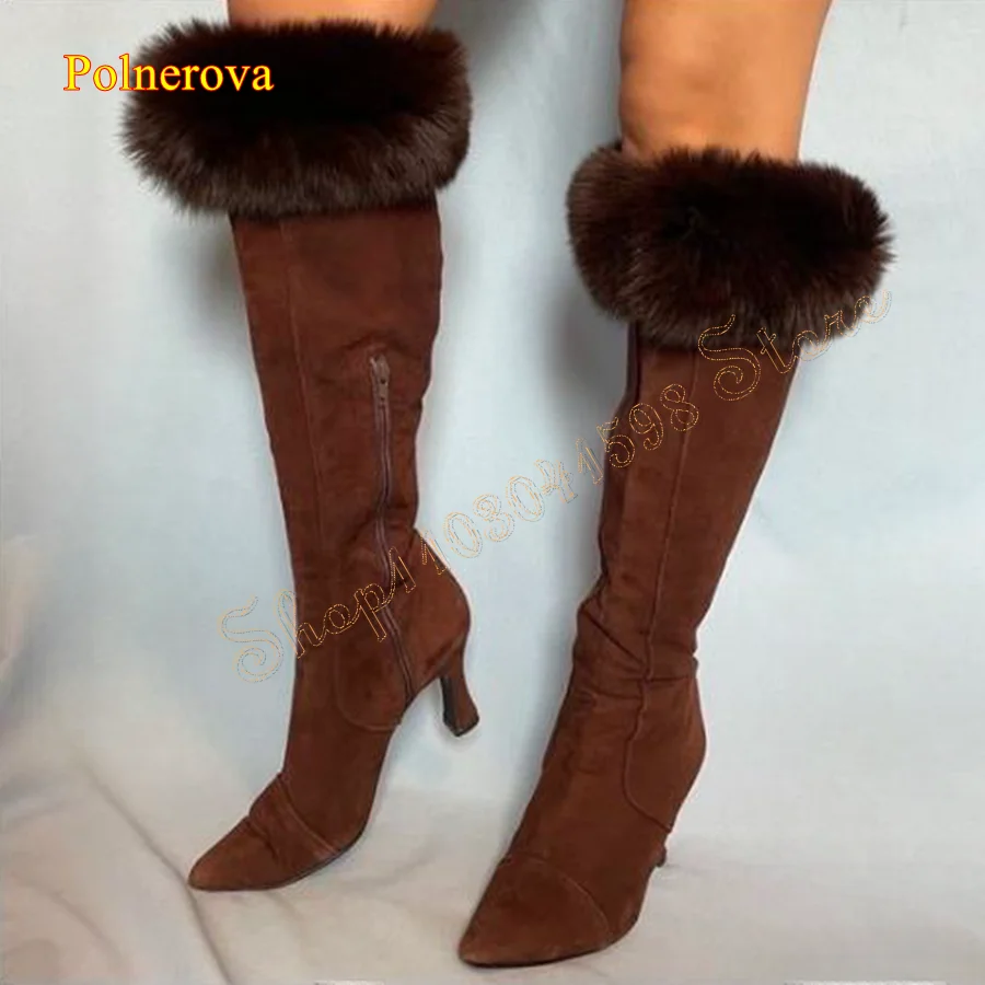 Winter Furry Warm Snow Knee Boots,Pointed Toe Suede High Heel Boots Tapered Heel Zipper Women Boots 2023 New Zapatos Para Mujere