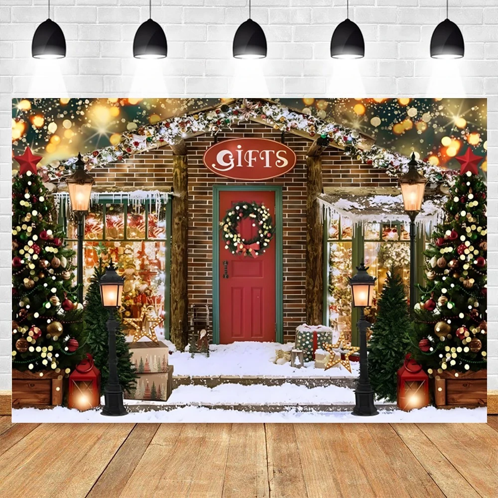 Зимний Рождественский фон для фотосъемки конфетного магазина, детский фон для вечеринки в канун Рождества, декор для вечеринки, рождественская елка, дверной венок, фотофон