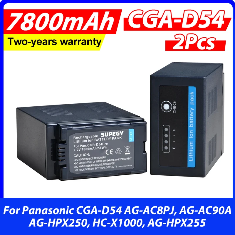 2Pcs 7.2V 7800mAh CGA-D54 CGR-D54Pro CGR-D54S Battery for Panasonic CGA-D54 AG-AC8PJ, AG-AC90A, AG-HPX250, HC-X1000, AG-HPX255